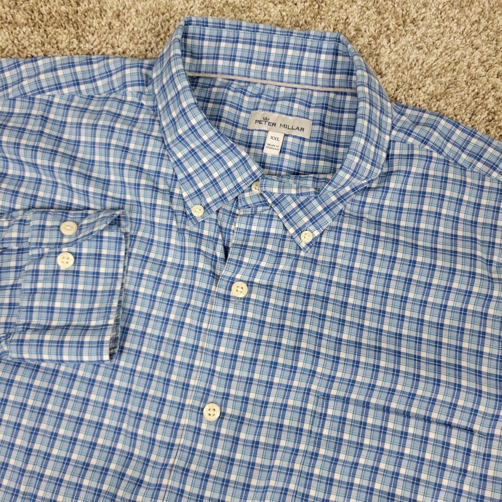 Peter Millar Mens 2XL Blue Plaid Performance Stretch Button Down Long Sleeve
